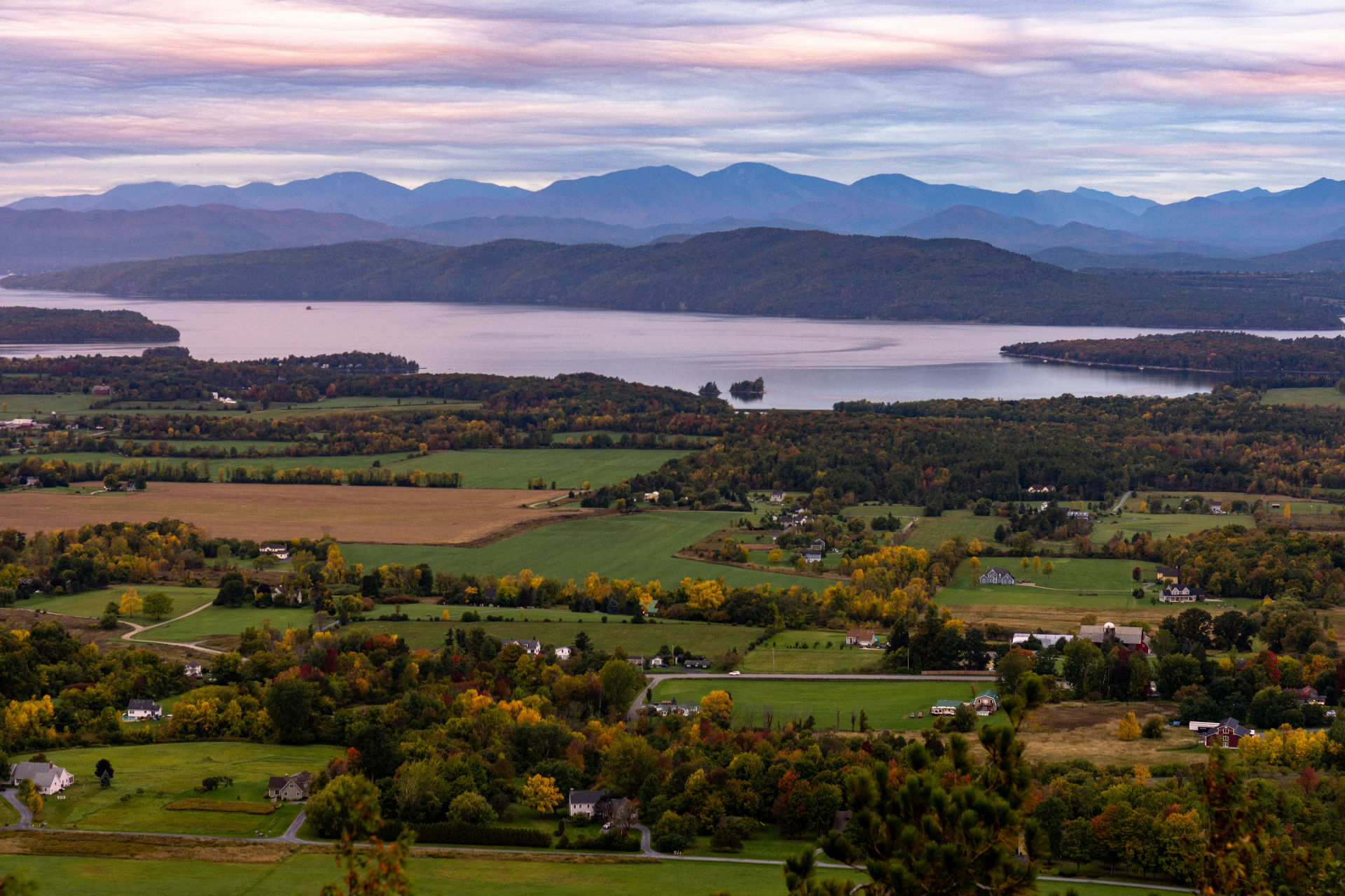 Vermont landscape overlooking Lake Champlain with autumn foliage