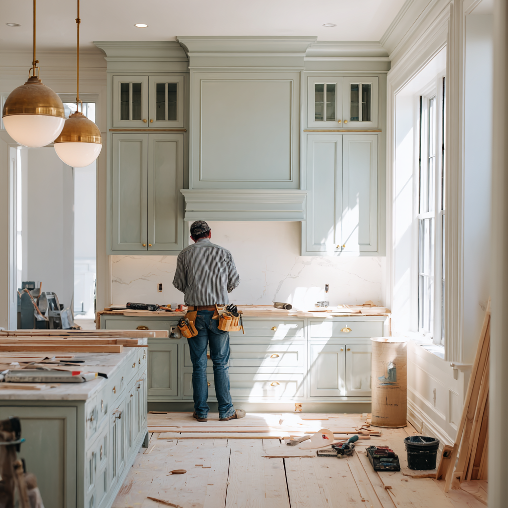 Carpenter installing custom cabinetry in a kitchen with sage green cabinets