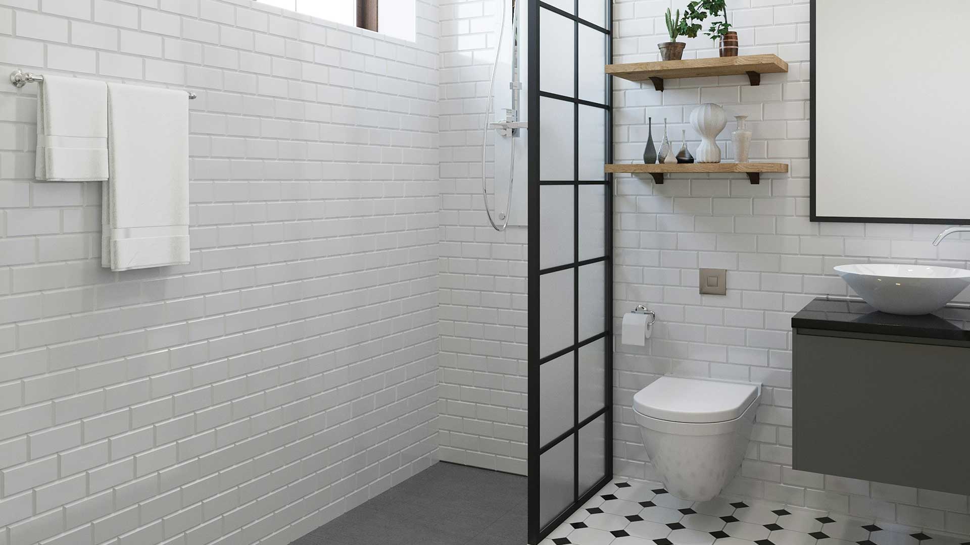 Modern bathroom with subway tile shower and black-frame divider